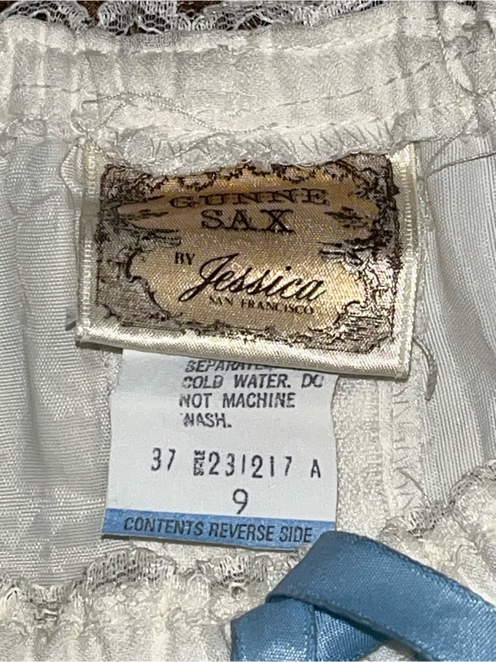 Gunne Sax White Dress with Light Blue Trim and embroidered neckline - Picture 8 of 10
